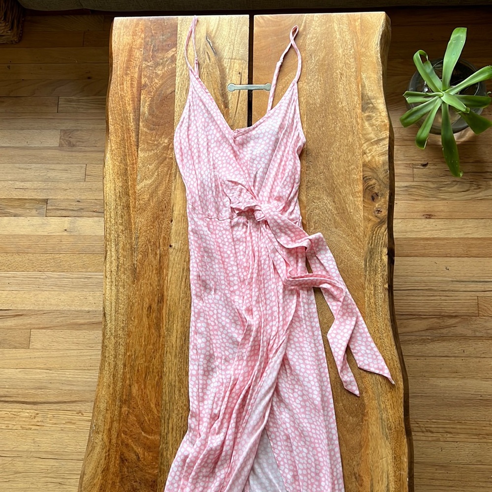 Pink polka dot dress.